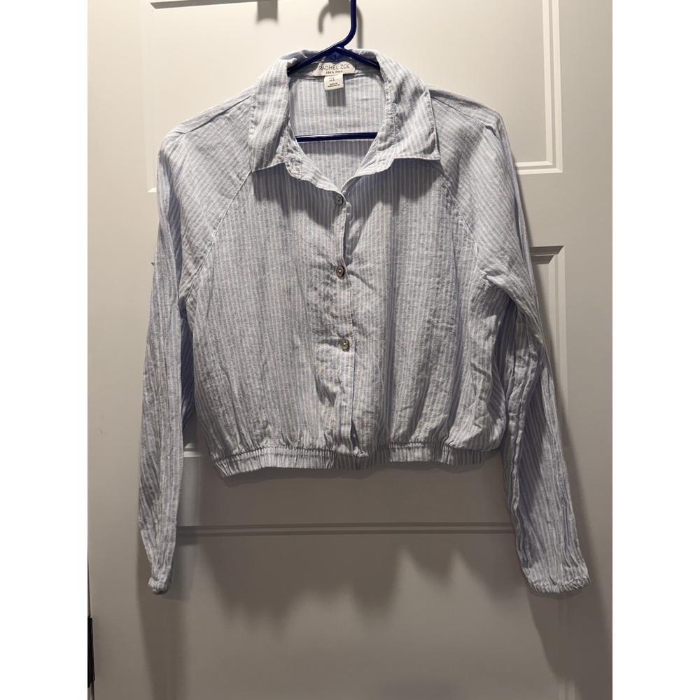 Rachel Zoe Blue White Striped 100% Linen Button Up Crop Top Elastic Hem Medium